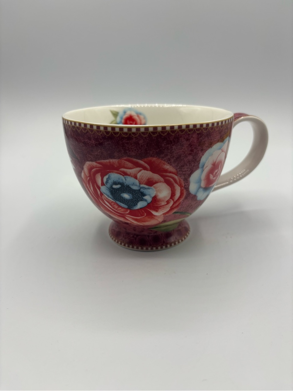 Potter's Studio Footed Floral Red Ceramic Coffee Tea Mug Cup NWOT